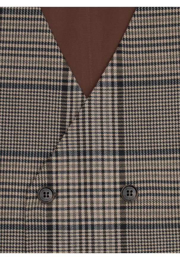 Pako Lorente - PAKO LORENTE – Brązowa dwurzędowa kamizelka męska w kratę. Kolor: brązowy. Materiał: wełna. Styl: elegancki