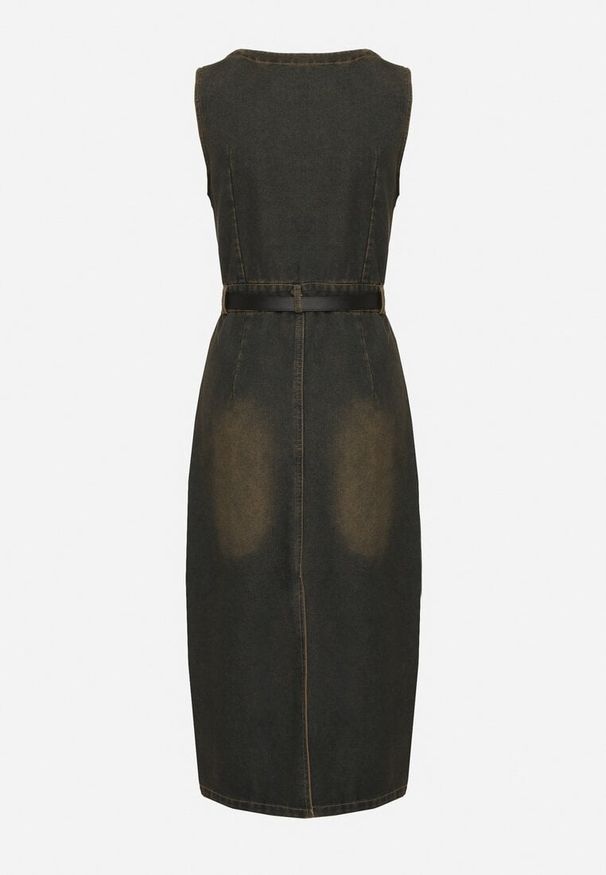 Born2be - Granatowa Sukienka Jeansowa z Rozcięciem Zapinana na Suwak z Paskiem z Ekoskóry Ricicella. Okazja: na co dzień. Kolor: niebieski. Materiał: jeans. Styl: elegancki, casual