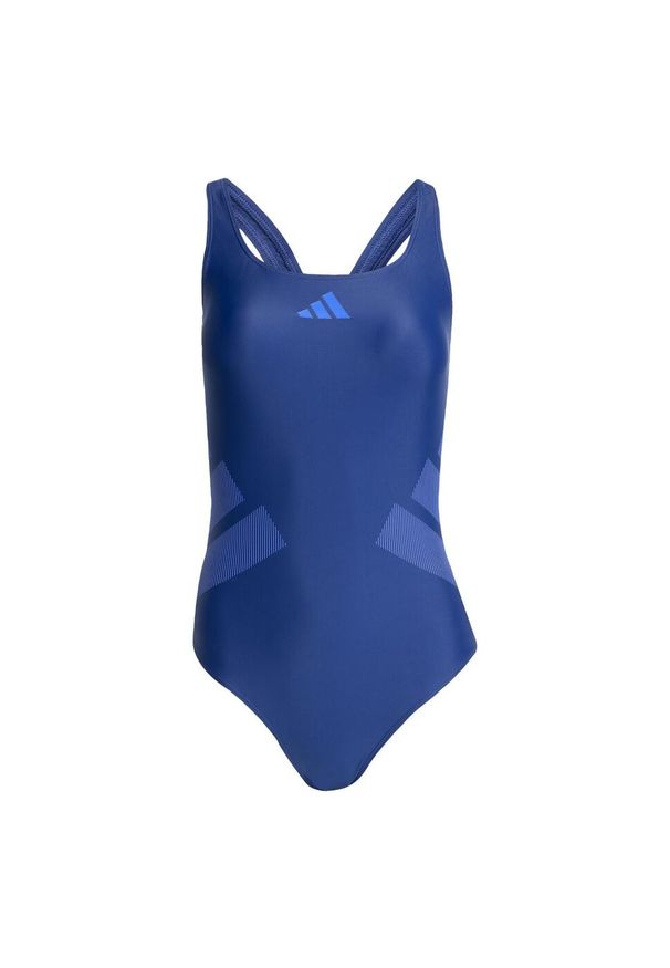Adidas - Kostium kąpielowy z logo i tyłem typu C-back.. Kolor: niebieski. Materiał: tkanina