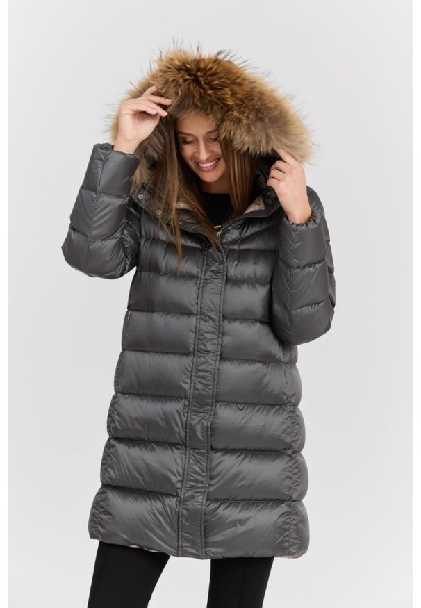 Hetrego - HETREGO Szara damska kurtka puchowa Leonie Quilted Woman Jacket With Detached Hood. Okazja: na co dzień. Kolor: szary. Materiał: puch. Długość rękawa: długi rękaw. Długość: długie. Styl: casual
