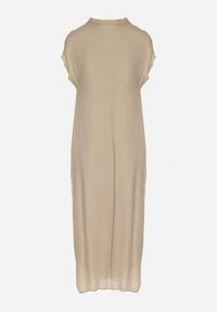 Born2be - Beżowa Sukienka Pudełkowa Ozdobiona Wiązaniem Napelira. Okazja: na co dzień. Kolor: beżowy. Materiał: jeans. Wzór: aplikacja. Styl: klasyczny, casual, elegancki #6