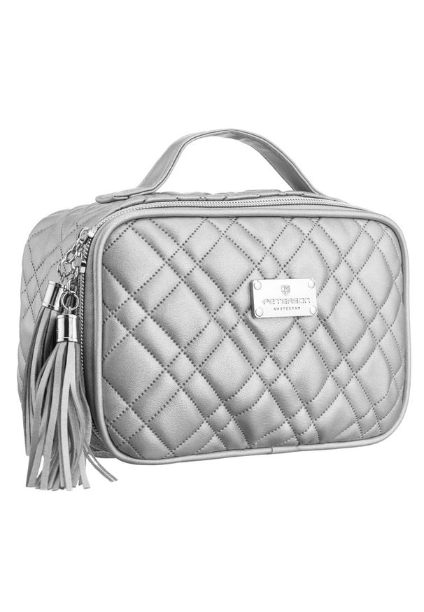 Jednokomorowa, srebrna kosmetyczka z tkaniny syntetycznej zamykana suwakiem - Peterson. Kolor: srebrny. Materiał: tkanina, syntetyk