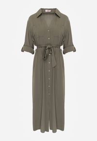 Born2be - Zielona Bawełniana Sukienka Koszulowa z Paskiem i Regulowanymi Rękawami Sadevia. Okazja: na co dzień, do pracy, na spotkanie biznesowe, na spacer. Kolor: zielony. Materiał: bawełna. Typ sukienki: koszulowe. Styl: klasyczny, casual, biznesowy, elegancki. Długość: midi #7