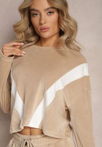 Renee - Beżowy 2-częściowy Komplet Dresowy Welurowy z Bluzą i Spodniami Vestali. Kolor: beżowy. Materiał: dresówka, welur