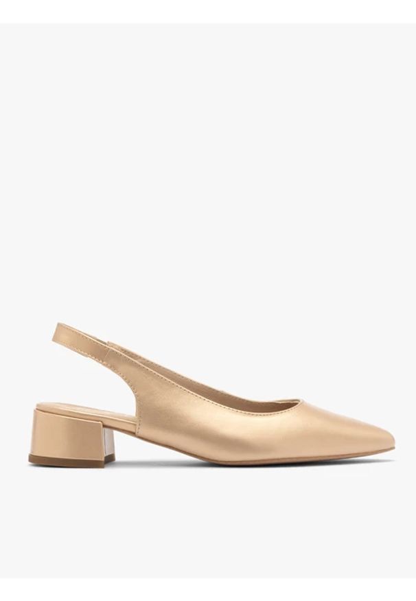 Ryłko - Złote czółenka damskie z otwartą piętą typu slingback. Nosek buta: otwarty. Kolor: złoty. Materiał: skóra. Szerokość cholewki: normalna. Obcas: na obcasie. Styl: street. Wysokość obcasa: średni