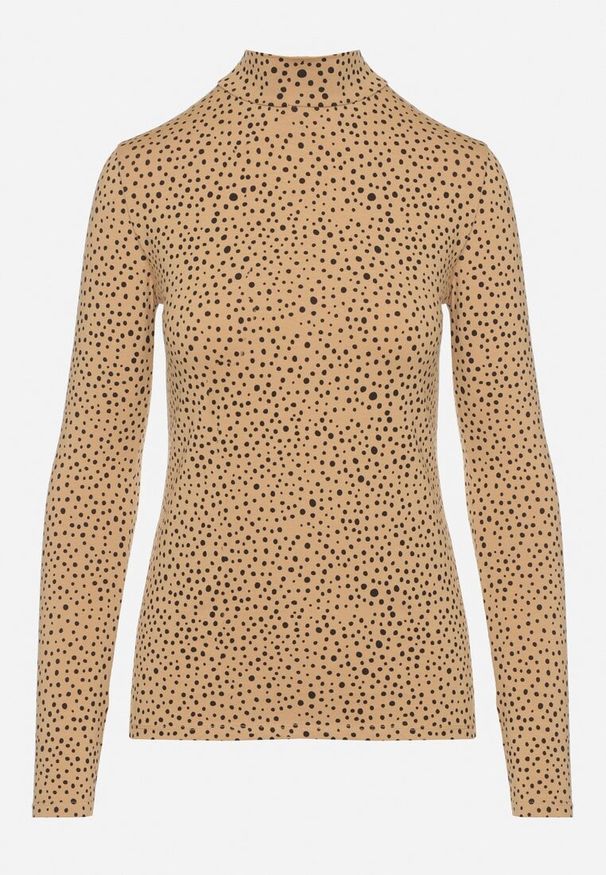 Born2be - Brązowa Bawełniana Bluzka w Kropki z Golfem i Długimi Rękawami Rielore. Okazja: na co dzień, na spotkanie biznesowe. Typ kołnierza: golf. Kolor: brązowy. Materiał: bawełna. Długość rękawa: długi rękaw. Długość: długie. Wzór: kropki. Styl: casual, klasyczny, biznesowy