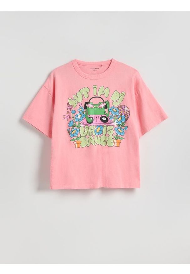 Reserved - T-shirt z efektem sprania - różowy. Kolor: różowy. Materiał: bawełna