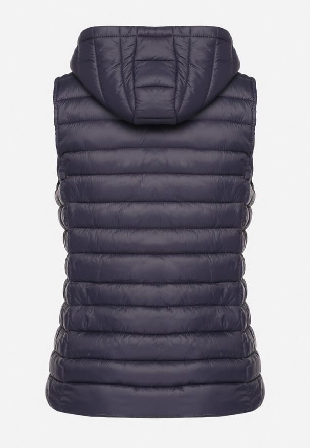 Born2be - Granatowa Pikowana Kamizelka na Suwak z Kapturem Wykończona Sznurkami Isleria. Okazja: do pracy. Typ kołnierza: kaptur. Kolor: niebieski. Materiał: jeans. Styl: elegancki