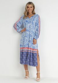 Born2be - Niebieska Sukienka Panithoe. Kolor: niebieski. Wzór: aplikacja. Styl: klasyczny, wakacyjny. Długość: midi #6