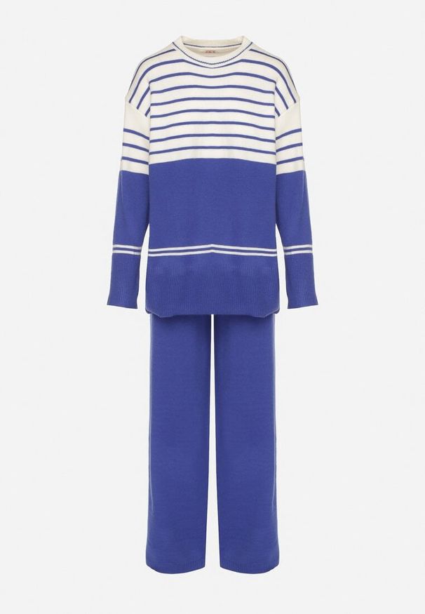 Born2be - Niebieski Dzianinowy Komplet z Wełną Sweter w Paski i Spodnie Raleina. Kolor: niebieski. Materiał: wełna, dzianina. Wzór: paski