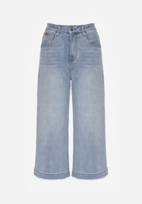 Renee - Niebieskie Szerokie Jeansy Culottes z Bawełną High Waist Ozdobione Perełkami Hesaris. Okazja: na co dzień. Stan: podwyższony. Kolor: niebieski. Wzór: aplikacja. Styl: casual #7