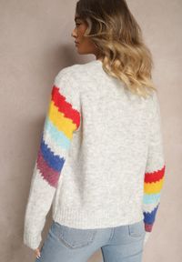 Renee - Jasnoszary Sweter Ozdobiony Ukośnymi Paskami Zenstina. Okazja: na co dzień. Kolor: szary. Materiał: jeans. Wzór: aplikacja. Styl: casual #4