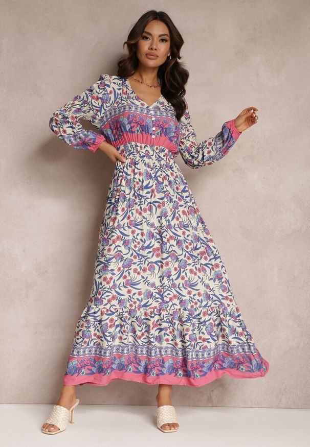 Renee - Beżowo-Niebieska Sukienka Maxi w Kwiaty z Wiskozy Vellu. Kolor: beżowy. Materiał: wiskoza. Wzór: kwiaty. Styl: boho. Długość: maxi