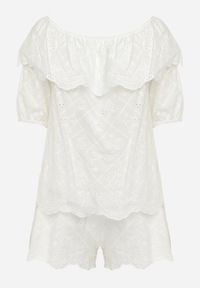Born2be - Biały Bawełniany Komplet Ażurowy z Bluzką Hiszpanką i Szortami Florala. Kolor: biały. Materiał: bawełna. Wzór: ażurowy #5