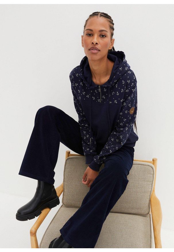 bonprix - Bluza z kapturem i zamkiem, z czystej bawełny. Typ kołnierza: kaptur. Kolor: niebieski. Materiał: bawełna. Wzór: nadruk