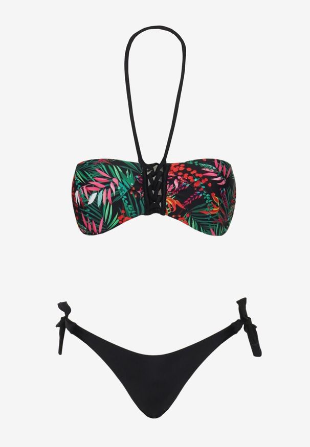 Renee - Czarne Bikini Majtki Figi ze Sznurkami po Bokach i Usztywniany Biustonosz z Wiązaniem Natmarie. Kolor: czarny. Materiał: materiał
