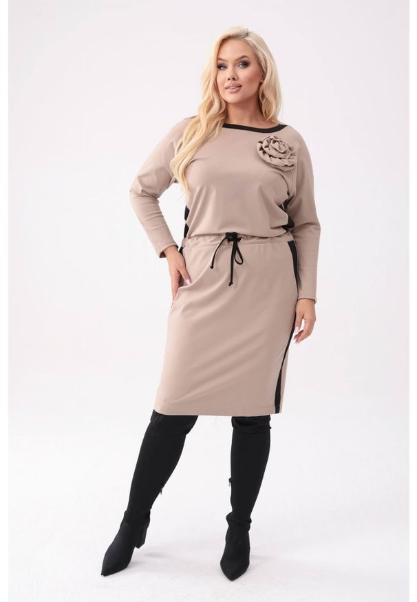 Moda Size Plus Iwanek - Elegancka beżowa ołówkowa sukienka Raya z czarnymi wstawkami i odpinaną różą PLUS SIZE XXL OVERSIZE. Okazja: na co dzień, do pracy, na spotkanie biznesowe. Typ kołnierza: dekolt w łódkę. Kolekcja: plus size. Kolor: beżowy, wielokolorowy, czarny. Wzór: aplikacja. Typ sukienki: ołówkowe, oversize, dla puszystych. Materiał: nylon, wiskoza, materiał, tkanina. Styl: elegancki. Długość: midi