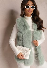 Renee - Miętowa Futrzana Kamizelka z Wstawkami z Ekoskóry Lewja. Kolor: miętowy. Materiał: futro