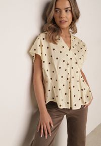 Born2be - Żółta Bluzka o Fasonie Oversize w Kropki z Bawełny Pireia. Okazja: do pracy, na co dzień. Kolor: żółty. Materiał: bawełna. Długość: długie. Wzór: kropki. Styl: casual #5