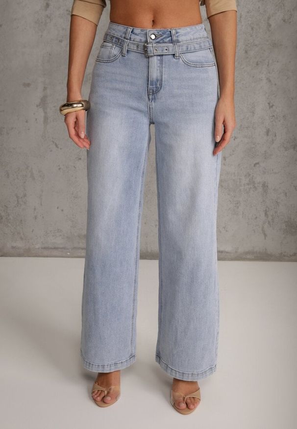 Renee - Niebieskie Jeansy Wide Leg High Waist z Bawełną z Denimowym Paskiem Evanna. Okazja: na co dzień. Stan: podwyższony. Kolor: niebieski. Styl: casual