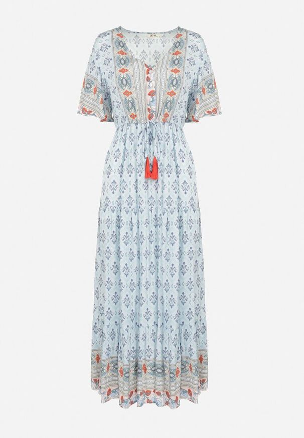 Born2be - Jasnoniebieska Sukienka Maxi z Gumką i Sznurkiem z Chwostami w Pasie Maryse. Kolor: niebieski. Sezon: wiosna, lato. Długość: maxi