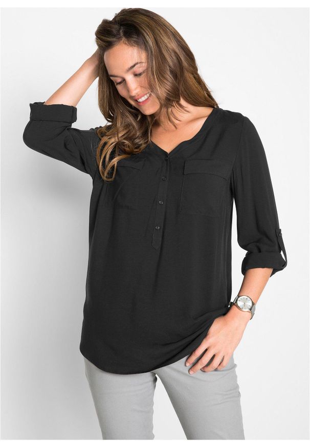 bonprix - Bluzka z wiskozy z dekoltem w serek, długi rękaw. Typ kołnierza: dekolt w serek. Kolor: czarny. Materiał: wiskoza. Długość rękawa: długi rękaw. Długość: długie