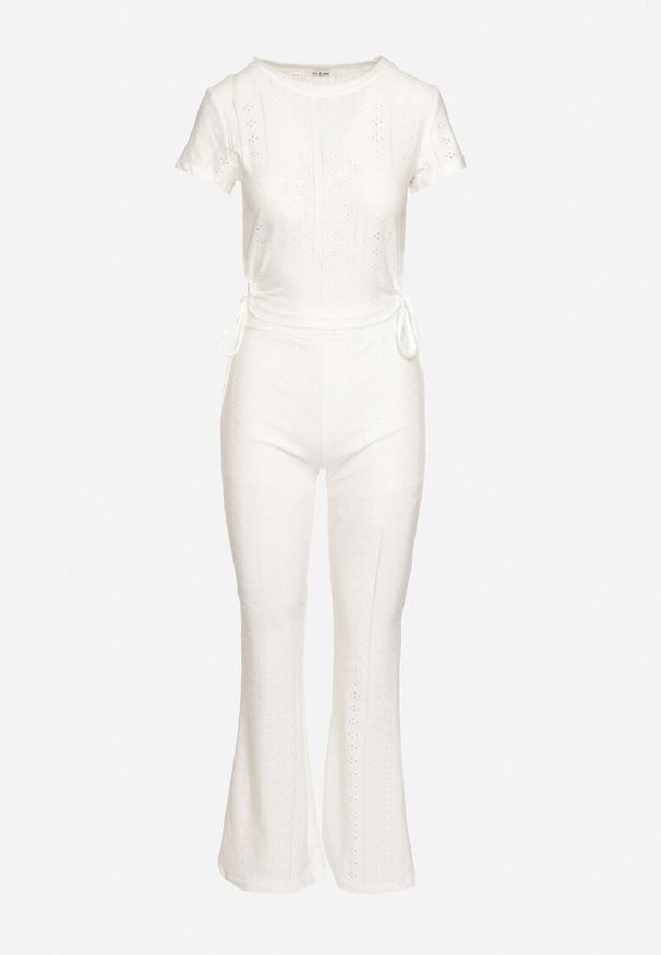 Born2be - Biały Wiskozowy Komplet Bluzka z Wiązaniem i Długie Spodnie Rivasori. Kolor: biały. Materiał: wiskoza