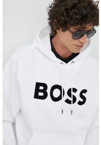 BOSS bluza bawełniana męska kolor biały z kapturem z nadrukiem. Typ kołnierza: kaptur. Kolor: biały. Materiał: bawełna. Wzór: nadruk