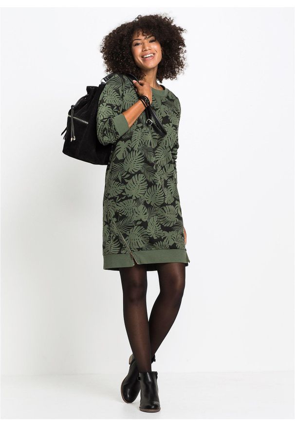 bonprix - Sukienka dresowa z nadrukiem. Kolor: zielony. Materiał: dresówka. Wzór: nadruk
