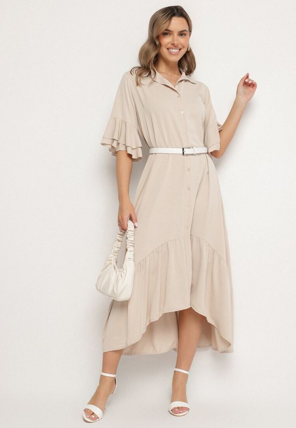 Born2be - Beżowa Sukienka Koszulowa z Ozdobną Falbanką Daviravie. Okazja: na co dzień. Kolor: beżowy. Typ sukienki: koszulowe. Styl: elegancki, casual, klasyczny