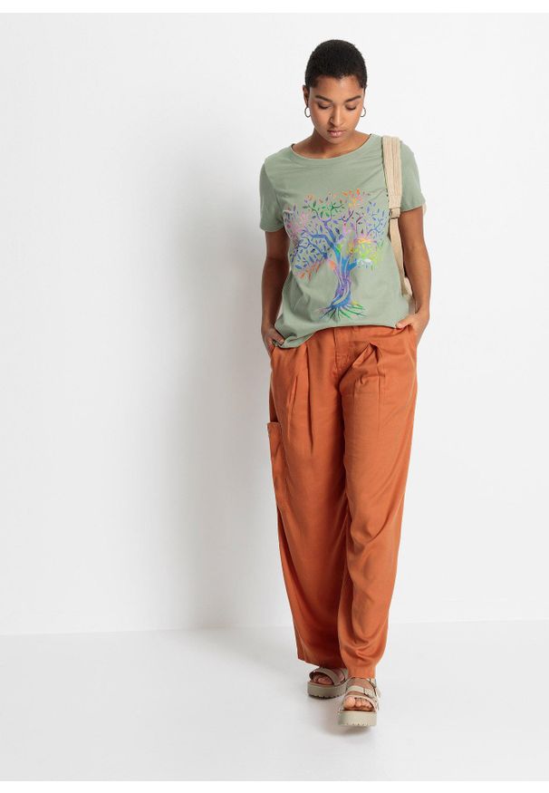 bonprix - T-shirt z nadrukiem, bawełna organiczna. Kolor: zielony. Materiał: bawełna. Wzór: nadruk