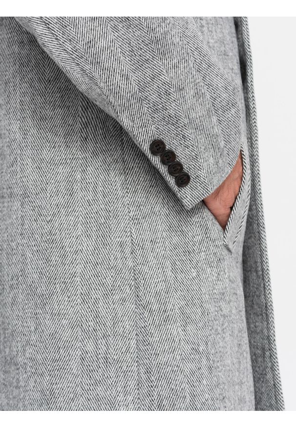 Ombre Clothing - Elegancki dwurzędowy męski płaszcz w jodełkę – szary V1 - Rozmiar: M. Kolor: szary. Materiał: tkanina, materiał, poliester, dzianina. Wzór: jodełka. Styl: elegancki