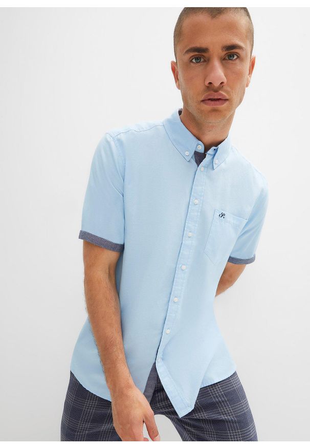 bonprix - Koszula oksford z krótkim rękawem, z czystej bawełny. Kolor: niebieski. Materiał: bawełna. Długość rękawa: krótki rękaw. Długość: krótkie. Styl: elegancki