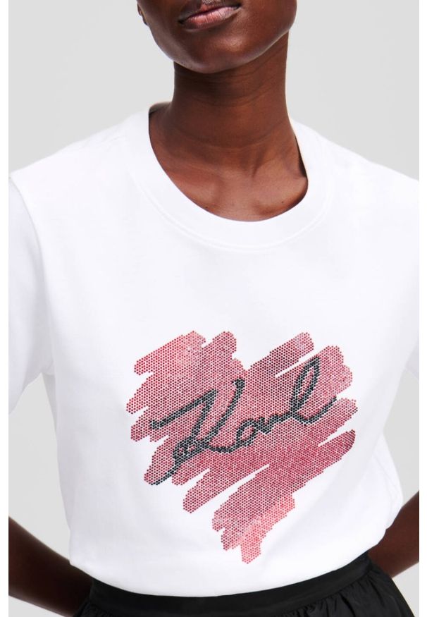 Karl Lagerfeld - KARL LAGERFELD Biały damski t-shirt z cyrkoniami Hearts RS, Rozmiar S. Kolor: biały. Materiał: materiał. Długość rękawa: krótki rękaw. Długość: krótkie. Styl: elegancki