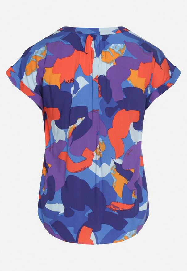 Born2be - Niebiesko-Pomarańczowa Bluzka z Wiskozy w Abstrakcyjny Wzór z Krótkimi Rękawami Zleria. Okazja: na co dzień. Kolekcja: plus size. Kolor: niebieski. Materiał: wiskoza. Długość rękawa: krótki rękaw. Długość: krótkie. Wzór: aplikacja. Styl: casual