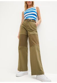 bonprix - Spodnie twillowe patchworkowe. Kolor: zielony