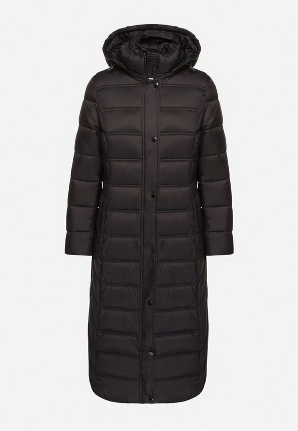 Born2be - Czarna Kurtka Pikowana o Długim Fasonie z Odpinanym Kapturem Reanora. Okazja: na co dzień, na spacer, do pracy. Kolor: czarny. Materiał: dzianina, jeans. Długość rękawa: długi rękaw. Długość: długie. Styl: casual