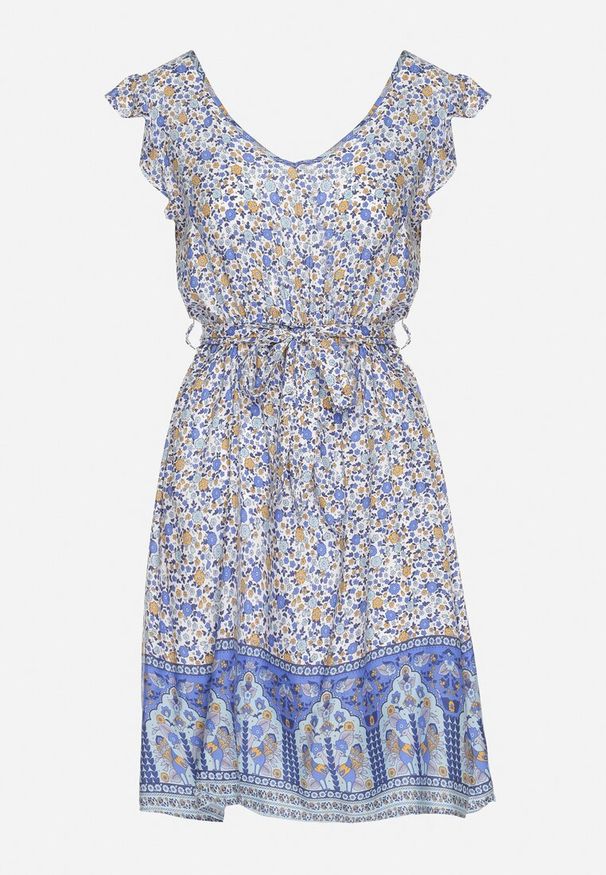 Born2be - Niebieska Wiskozowa Sukienka o Rozkloszowanym Kroju z Wiązanym Paskiem Sepona. Okazja: na co dzień. Typ kołnierza: dekolt w kształcie V. Kolor: niebieski. Materiał: wiskoza. Wzór: aplikacja. Styl: casual, elegancki