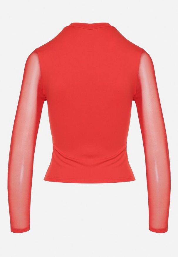 Born2be - Czerwona Bluzka z Golfem Vices Ozdobiona Transparentnymi Wstawkami Hatalie. Okazja: na co dzień. Typ kołnierza: golf. Kolor: czerwony. Materiał: jeans. Długość rękawa: długi rękaw. Długość: długie. Wzór: aplikacja. Styl: casual, klasyczny