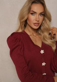 Renee - Bordowy Rozpinany Kardigan z Wiskozą Ozdobiony Guzikami Kwiatkami Enarine. Okazja: na co dzień. Kolor: czerwony. Materiał: wiskoza. Wzór: aplikacja, kwiaty. Styl: elegancki, casual #5