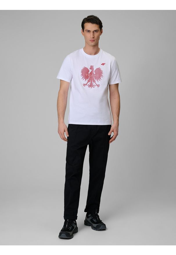 4f - 4F Koszulka kibica męska - biała S. Kolor: biały. Materiał: dzianina, bawełna, materiał. Styl: sportowy