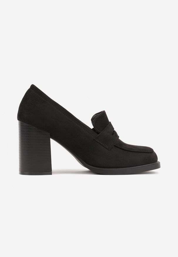 Renee - Czarne Półbuty Mokasyny na Słupku z Geometryczną Wstawką Edalinae. Okazja: na co dzień. Kolor: czarny. Wzór: geometria. Obcas: na słupku. Styl: casual, klasyczny