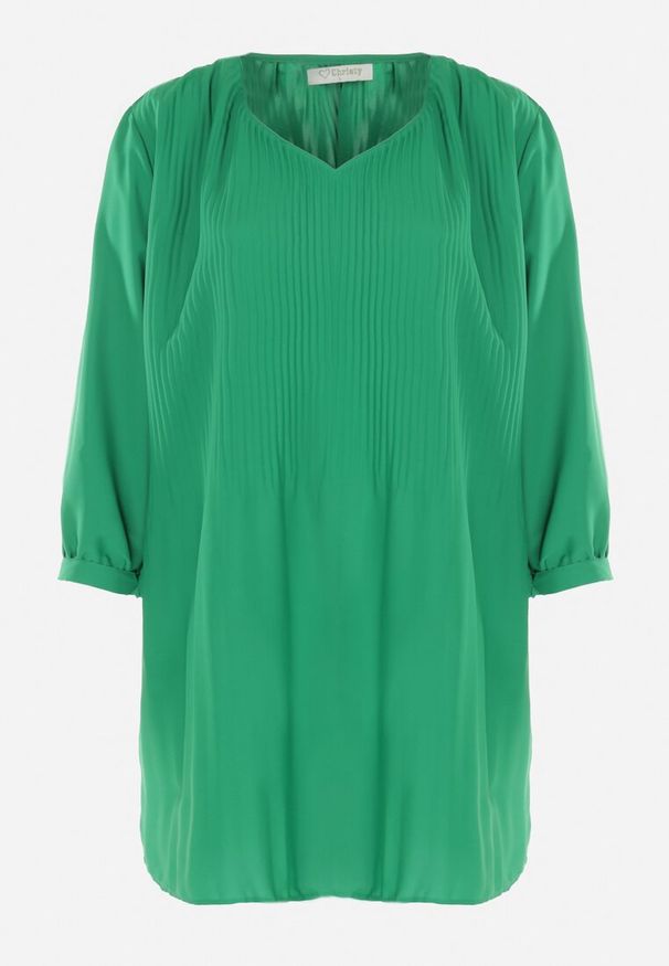 Born2be - Zielona Rozkloszowana Sukienka Mini z Plisowaniem Telesi. Kolekcja: plus size. Kolor: zielony. Długość rękawa: długi rękaw. Typ sukienki: dla puszystych. Długość: mini
