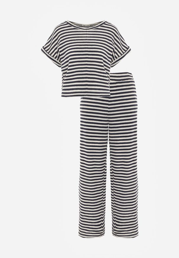 Born2be - Beżowo-Granatowy Dzianinowy Komplet z Bawełną Ozdobiony Wzorem w Paski Spodnie i Bluzka Amiphisia. Kolor: beżowy. Materiał: bawełna, dzianina. Wzór: paski, aplikacja