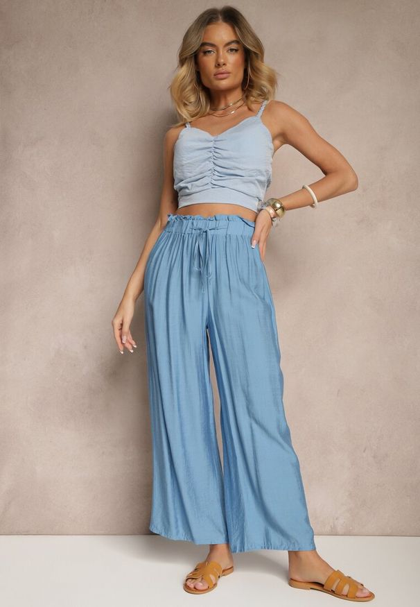 Renee - Niebieskie Spodnie High Waist o Szerokim Kroju z Wiązaniem Telisiela. Okazja: na co dzień. Stan: podwyższony. Kolor: niebieski. Styl: klasyczny, elegancki, casual