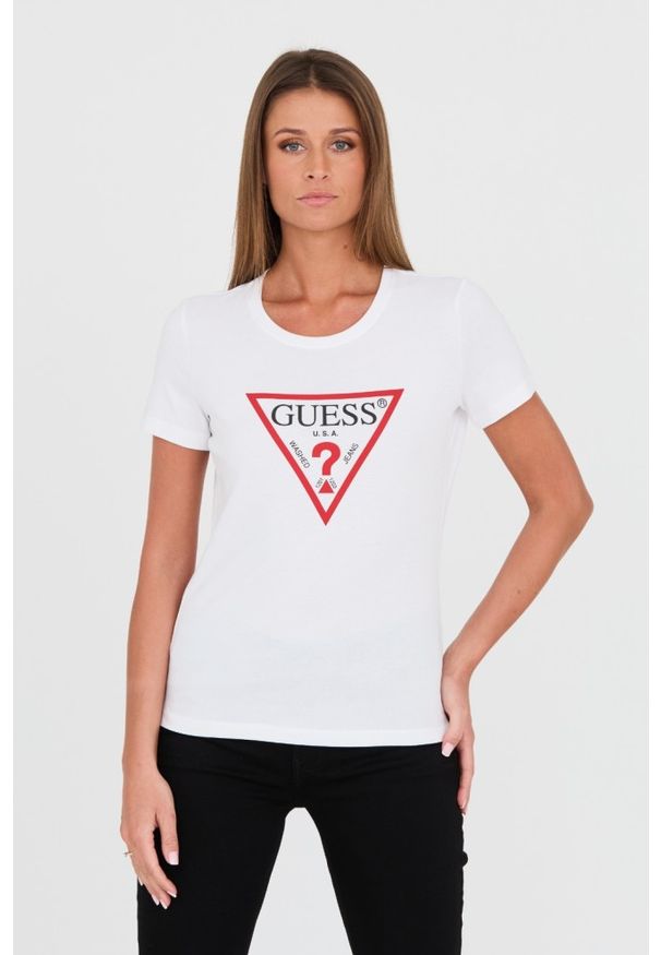 Guess - GUESS Biały damski t-shirt bawełniany Original Tee, Rozmiar S. Kolor: biały. Materiał: bawełna