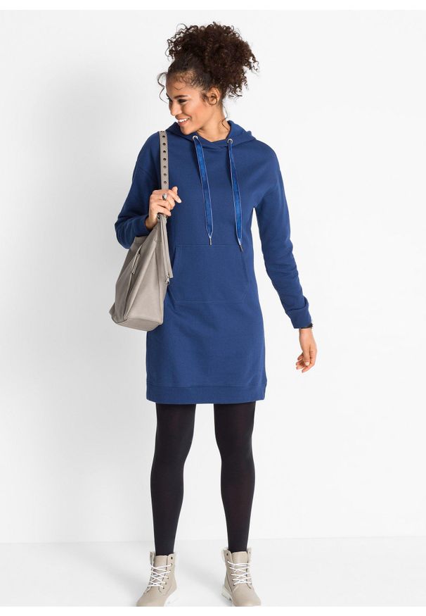 bonprix - Bawełniana sukienka dresowa. Typ kołnierza: kaptur. Kolor: niebieski. Materiał: bawełna, dresówka