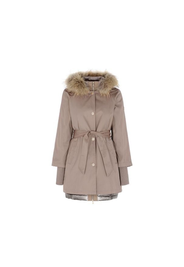 Ochnik - Kurtka puchowa damska z rękawem 3/4 i dzianinowymi mankietami. Kolor: brązowy. Materiał: poliester. Długość: długie. Wzór: aplikacja. Sezon: wiosna, zima. Styl: klasyczny