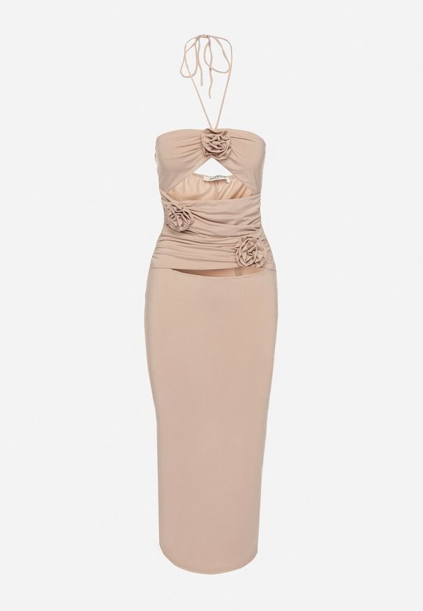 Born2be - Ciemnobeżowa Wiązana Midi Sukienka z Wycięciami i Aplikacjami z Materiału Cherice. Kolor: beżowy. Materiał: materiał. Wzór: aplikacja. Długość: midi