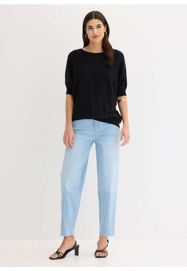 bonprix - Sweter z cienkiej dzianiny z mieszanki bawełny. Kolor: czarny. Materiał: dzianina, bawełna. Długość rękawa: krótki rękaw. Długość: krótkie. Wzór: gładki, ze splotem